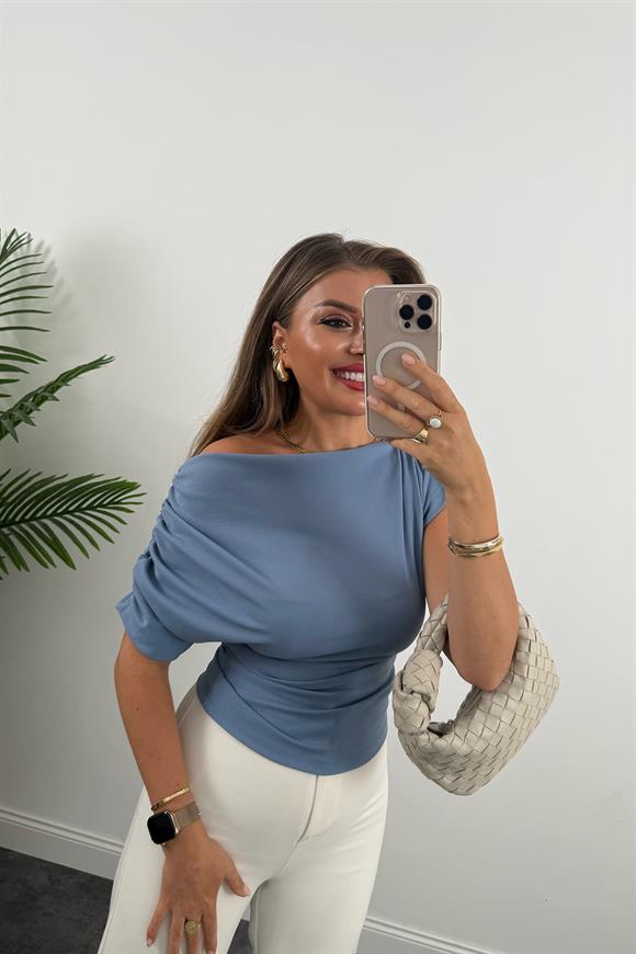 Zra Model Likralı Drapeli Düşük Omu Kısa Kol Bluz Mavi