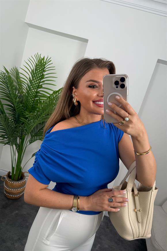 Zra Model Likralı Drapeli Düşük Omu Kısa Kol Bluz Sax Mavi