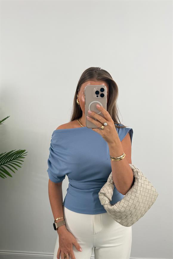 Zra Model Likralı Drapeli Düşük Omu Kısa Kol Bluz Mavi