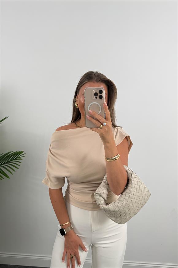 Zra Model Likralı Drapeli Düşük Omu Kısa Kol Bluz Taş