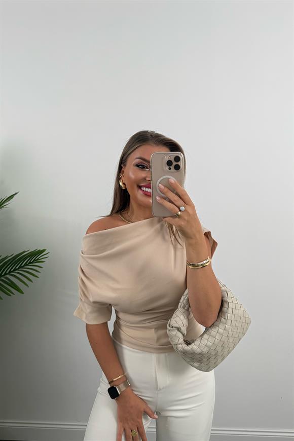 Zra Model Likralı Drapeli Düşük Omu Kısa Kol Bluz Taş