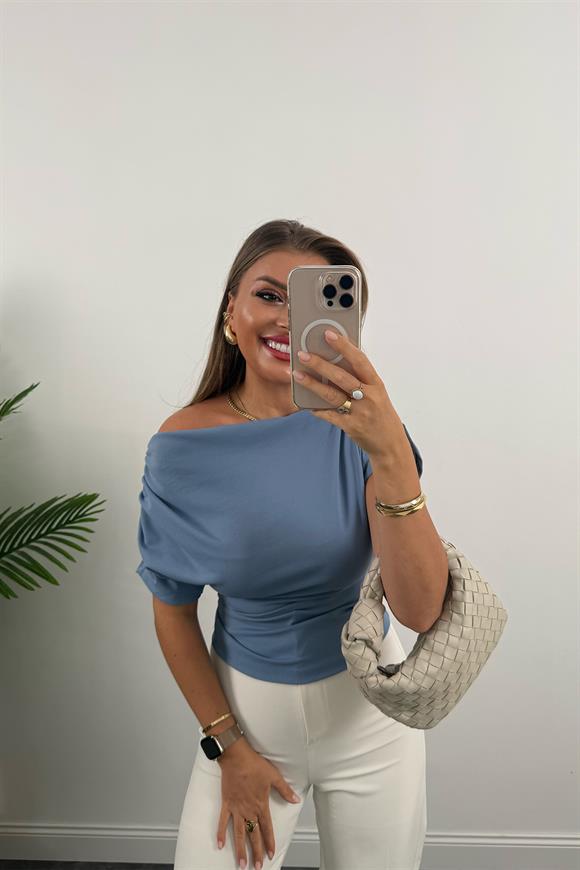 Zra Model Likralı Drapeli Düşük Omu Kısa Kol Bluz Mavi