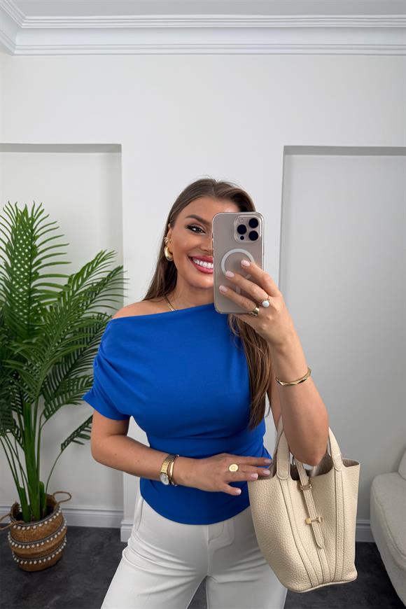 Zra Model Likralı Drapeli Düşük Omu Kısa Kol Bluz Sax Mavi