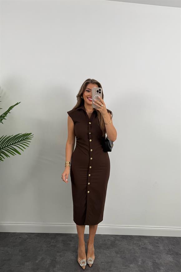 Zra Model Likralı Drapeli Midi Boy Gold Düğme Elbise Kahverengi