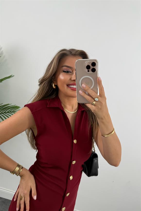 Zra Model Likralı Drapeli Midi Boy Gold Düğme Elbise Bordo