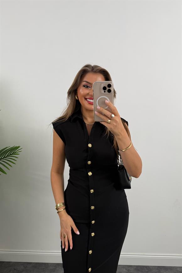 Zra Model Likralı Drapeli Midi Boy Gold Düğme Elbise Siyah
