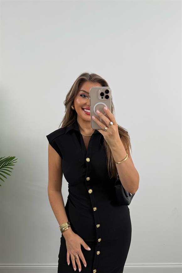 Zra Model Likralı Drapeli Midi Boy Gold Düğme Elbise Siyah