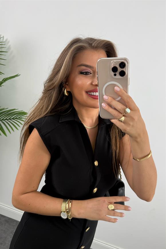 Zra Model Likralı Drapeli Midi Boy Gold Düğme Elbise Siyah