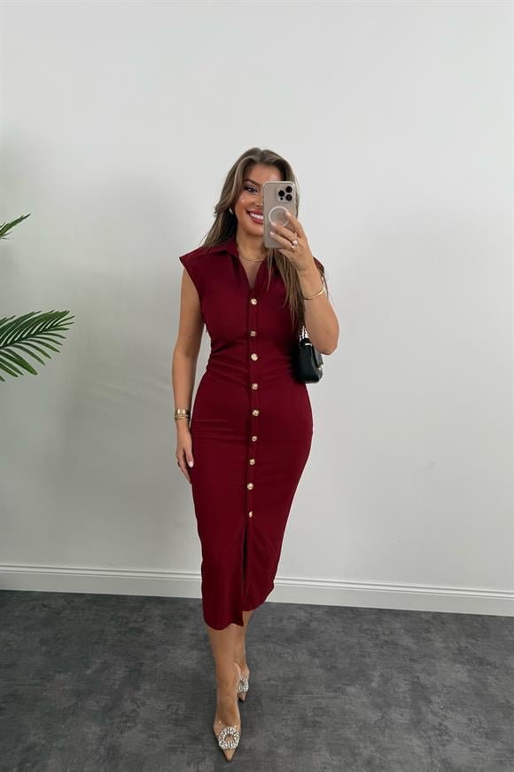 Zra Model Likralı Drapeli Midi Boy Gold Düğme Elbise Bordo