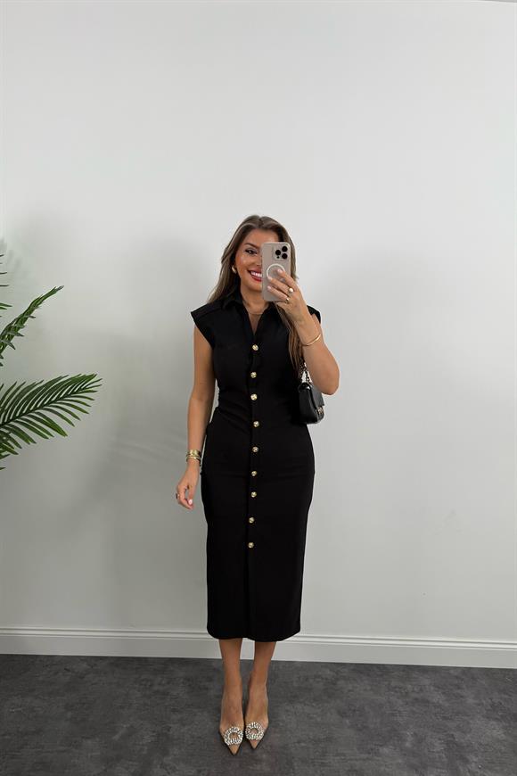Zra Model Likralı Drapeli Midi Boy Gold Düğme Elbise Siyah