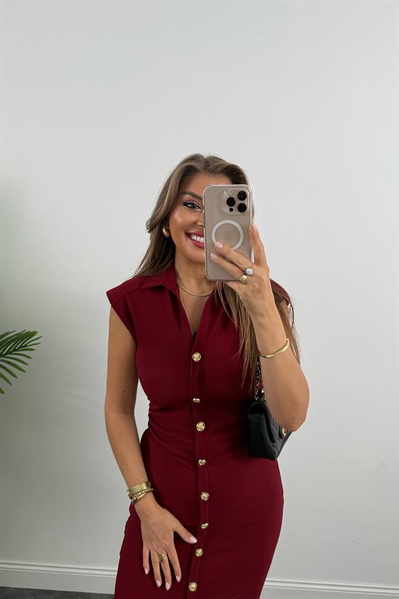 Zra Model Likralı Drapeli Midi Boy Gold Düğme Elbise Bordo