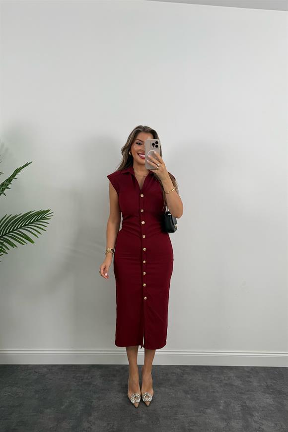 Zra Model Likralı Drapeli Midi Boy Gold Düğme Elbise Bordo