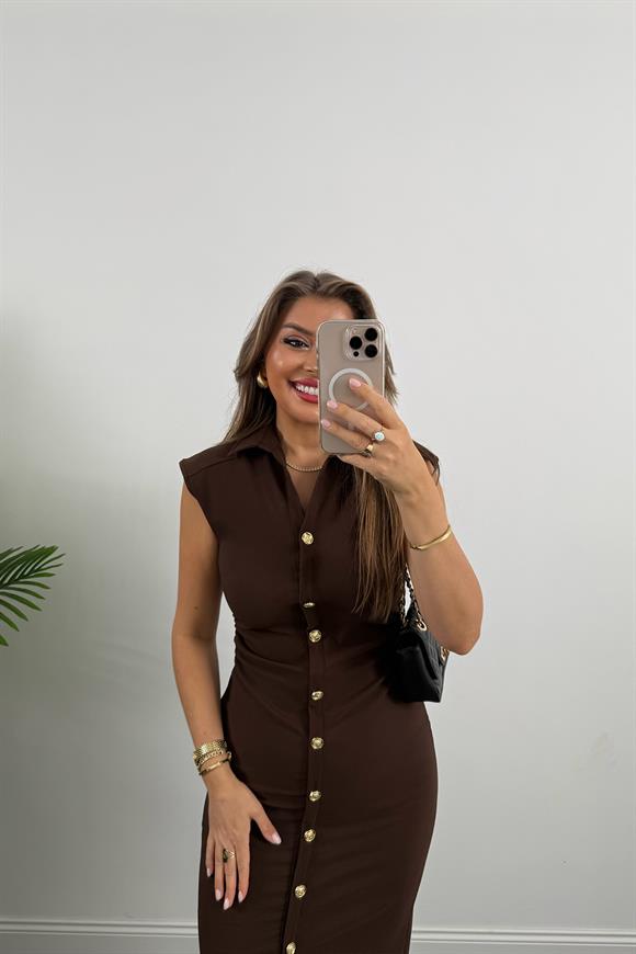 Zra Model Likralı Drapeli Midi Boy Gold Düğme Elbise Kahverengi