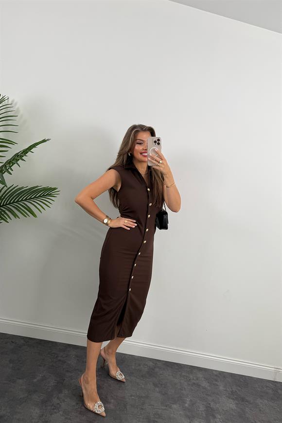 Zra Model Likralı Drapeli Midi Boy Gold Düğme Elbise Kahverengi