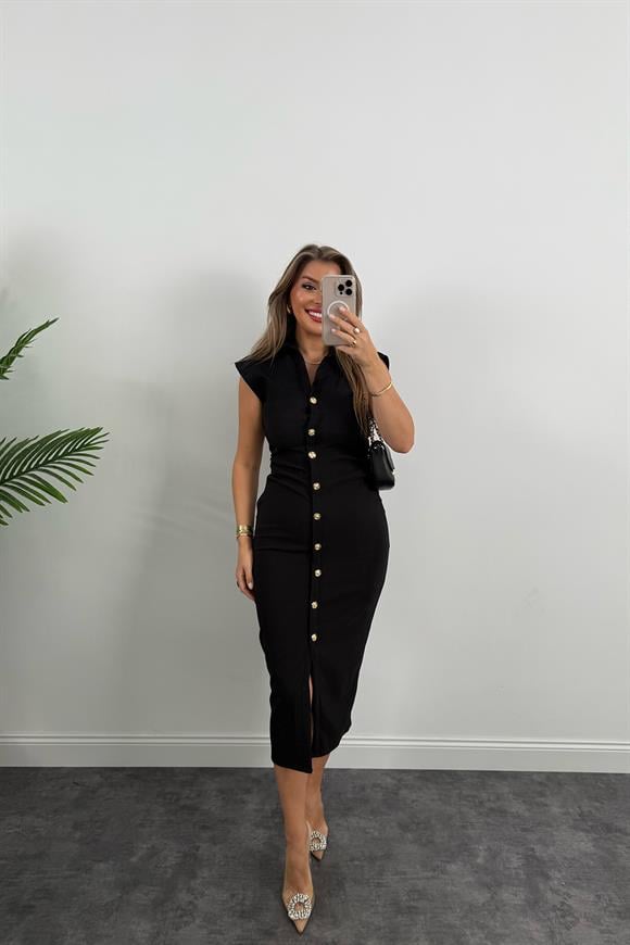 Zra Model Likralı Drapeli Midi Boy Gold Düğme Elbise Siyah