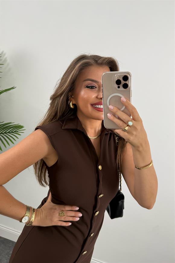 Zra Model Likralı Drapeli Midi Boy Gold Düğme Elbise Kahverengi