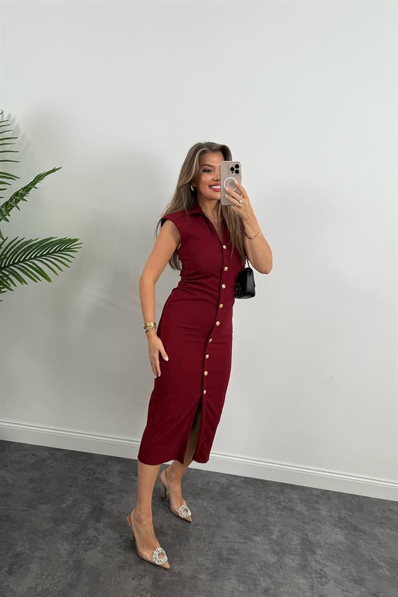 Zra Model Likralı Drapeli Midi Boy Gold Düğme Elbise Bordo