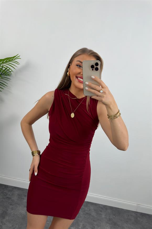 Zra Model Likralı Drapeli Sandy Kısa Elbise Bordo