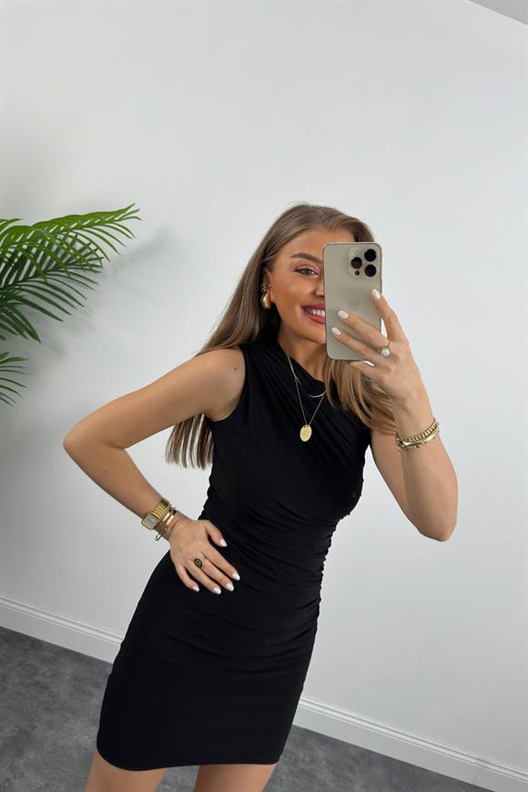 Zra Model Likralı Drapeli Sandy Kısa Elbise Siyah