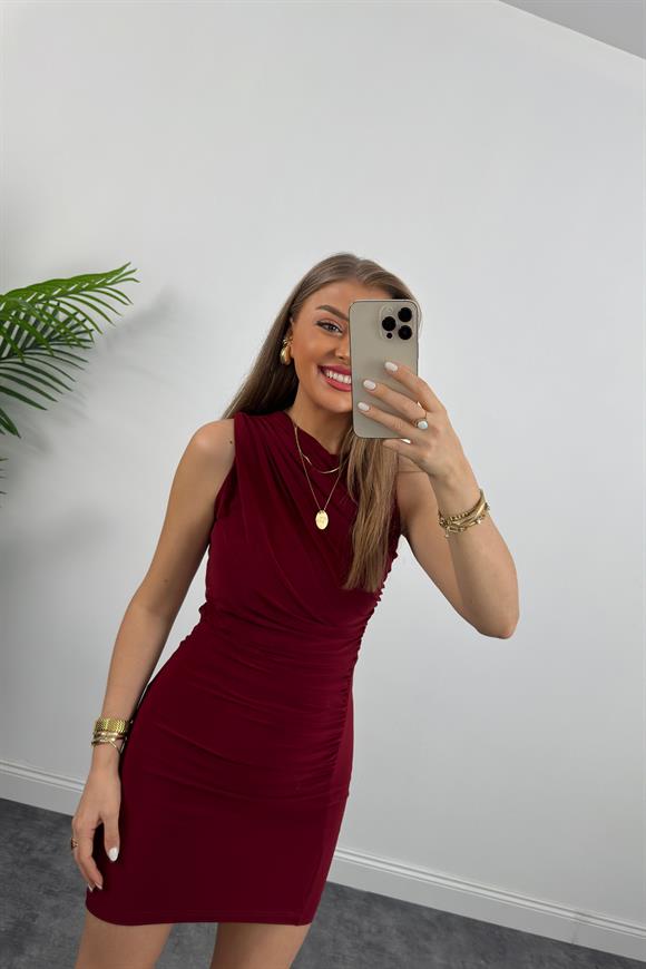 Zra Model Likralı Drapeli Sandy Kısa Elbise Bordo