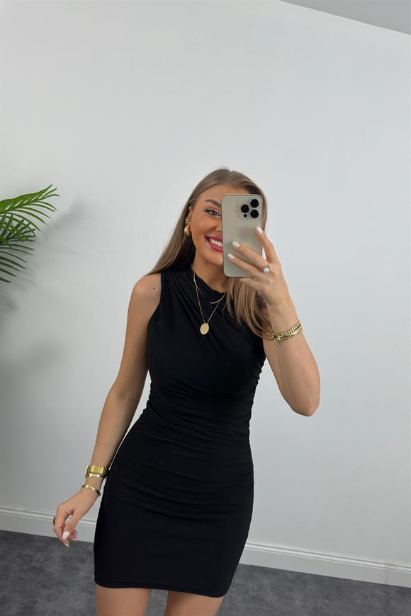 Zra Model Likralı Drapeli Sandy Kısa Elbise Siyah