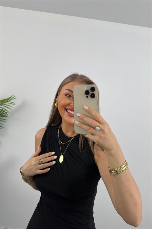 Zra Model Likralı Drapeli Sandy Kısa Elbise Siyah