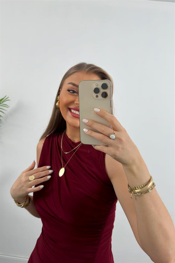 Zra Model Likralı Drapeli Sandy Kısa Elbise Bordo