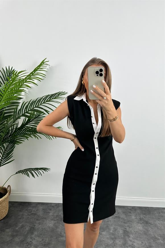 Zra Model Likralı Vatkalı Ottoman Kumaş Beyaz Biyeli Siyah Elbise