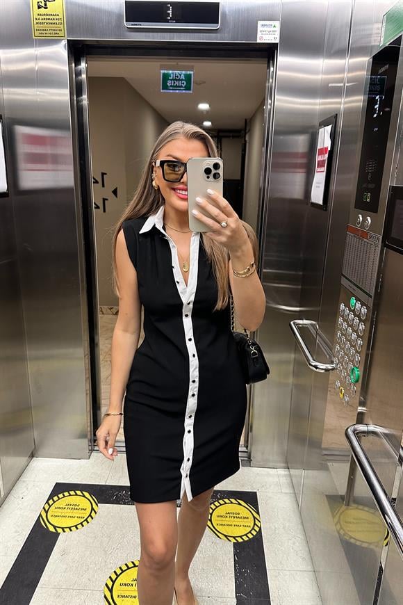 Zra Model Likralı Vatkalı Ottoman Kumaş Beyaz Biyeli Siyah Elbise