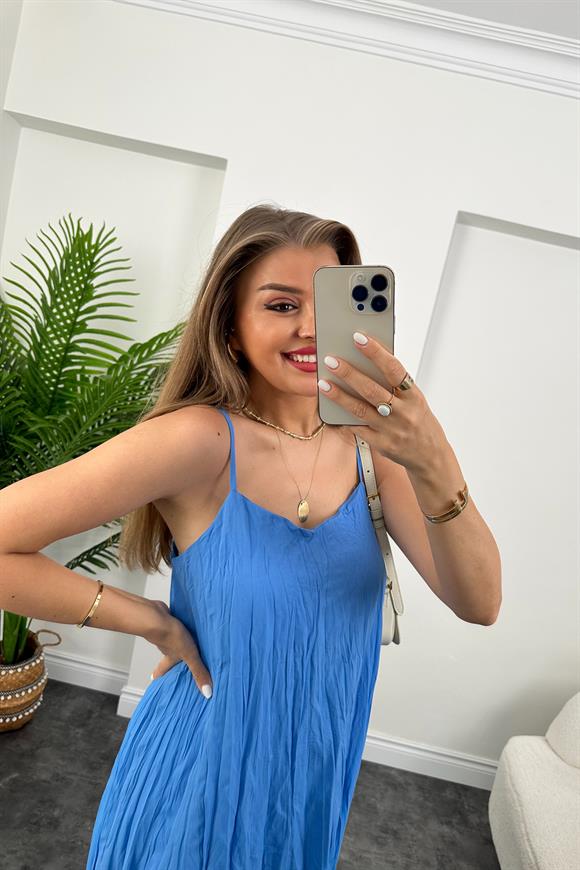 Zra Model Premium Kalite Kraşlı Basic Salaş Elbise Mavi