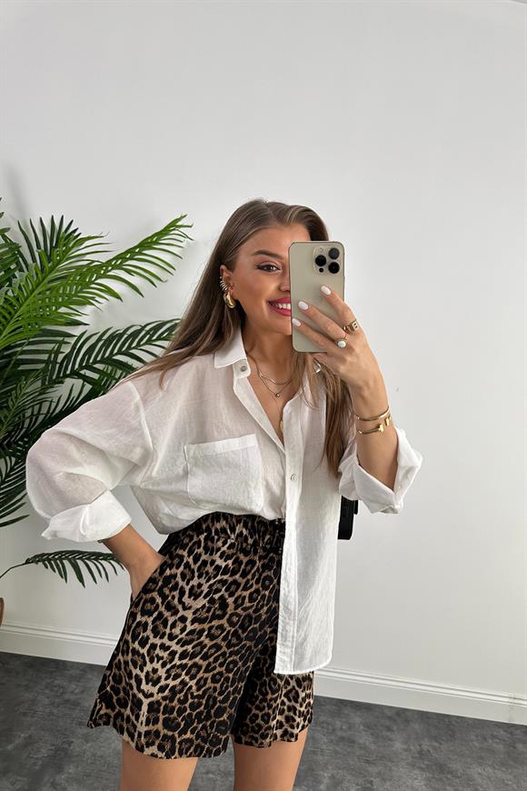 Zra Model Şehir Boy Leopar Print Pamuk Viskon Beli Lastikli Şort