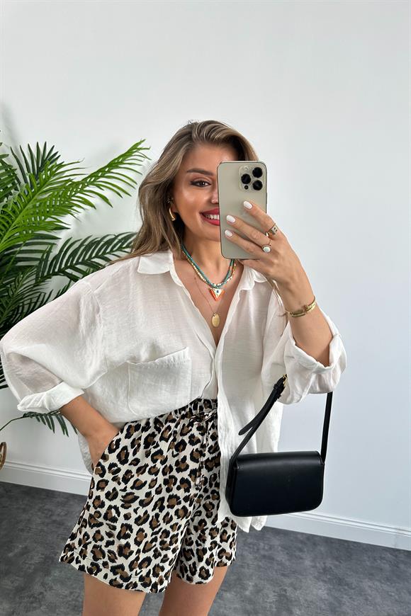 Zra Model Şehir Boy Leopar Print Pamuk Viskon Beli Lastikli Şort Taş Kahve