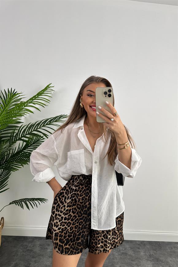 Zra Model Şehir Boy Leopar Print Pamuk Viskon Beli Lastikli Şort