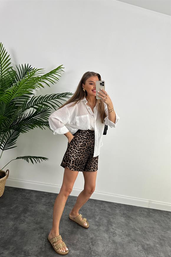 Zra Model Şehir Boy Leopar Print Pamuk Viskon Beli Lastikli Şort