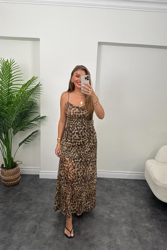 Zra Model Sırt Detaylı Likralı Leopar Tül Elbise