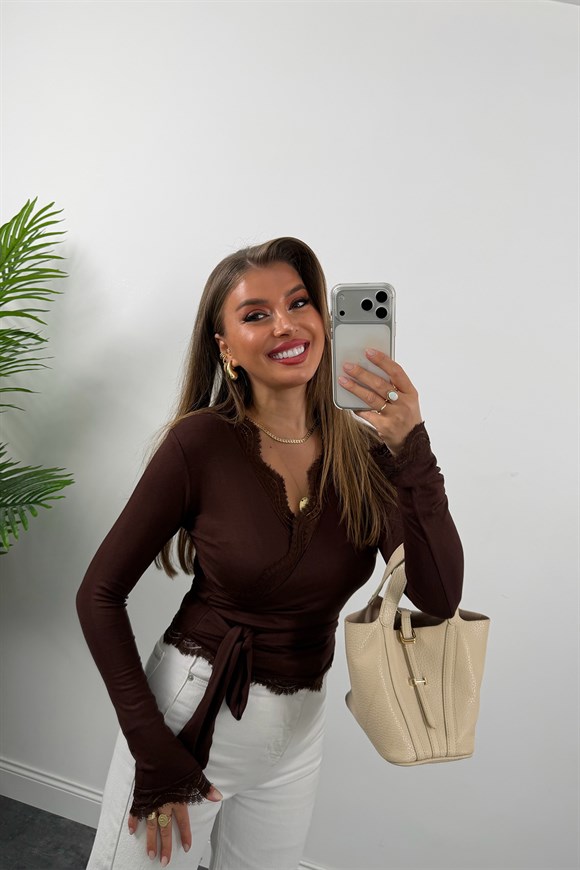 Zra Model Soft Touch Dantelli Kruvaze Basic Bluz Kahverengi