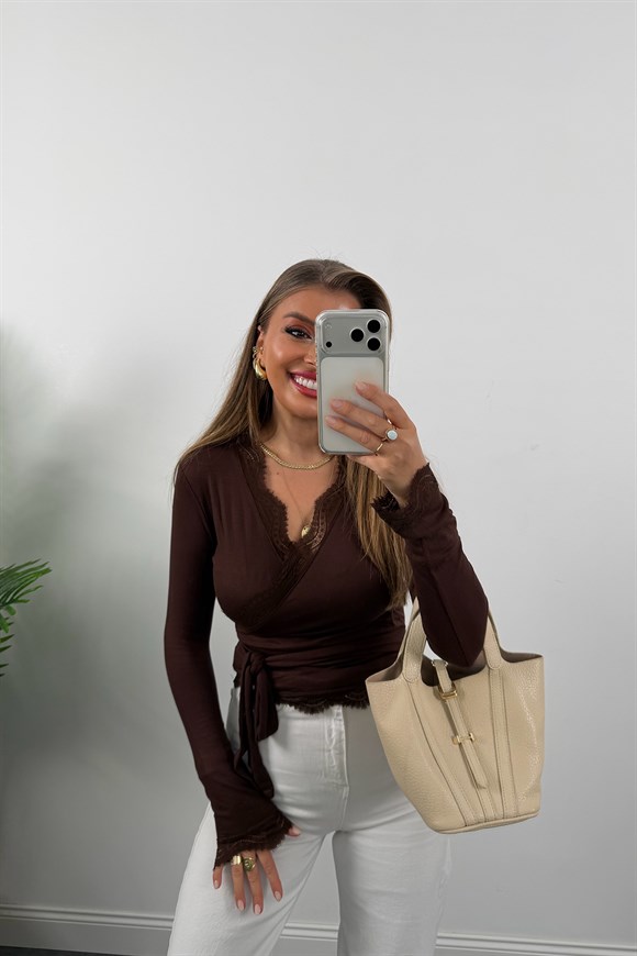 Zra Model Soft Touch Dantelli Kruvaze Basic Bluz Kahverengi