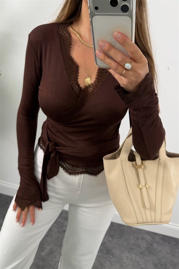 Zra Model Soft Touch Dantelli Kruvaze Basic Bluz Kahverengi