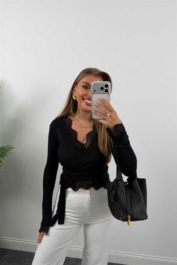 Zra Model Soft Touch Dantelli Kruvaze Basic Bluz Siyah
