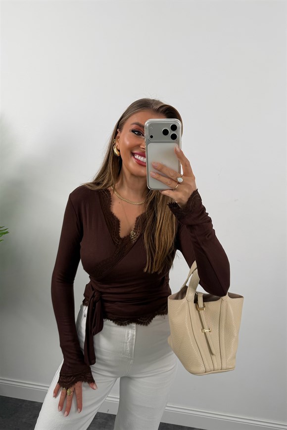 Zra Model Soft Touch Dantelli Kruvaze Basic Bluz Kahverengi