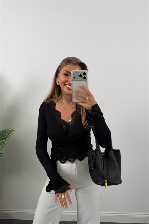 Zra Model Soft Touch Dantelli Kruvaze Basic Bluz Siyah