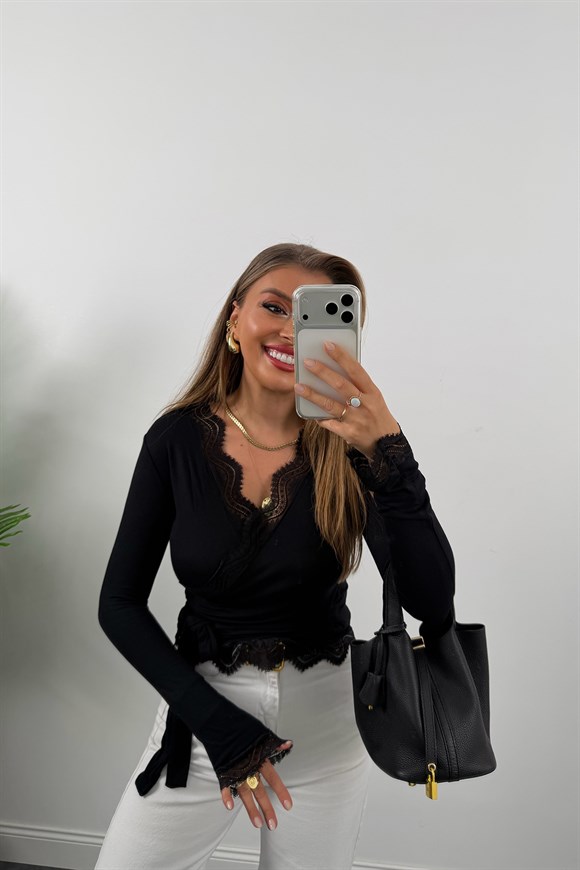 Zra Model Soft Touch Dantelli Kruvaze Basic Bluz Siyah