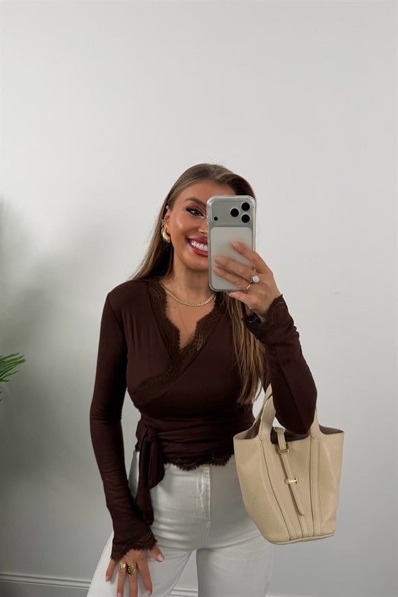 Zra Model Soft Touch Dantelli Kruvaze Basic Bluz Kahverengi