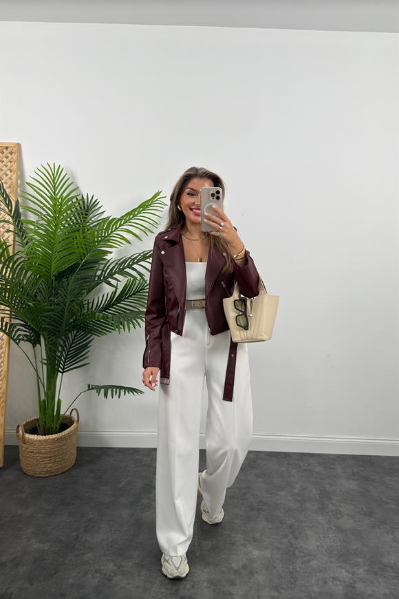 Zra Model Vegan Deri Biker Ceket Bordo