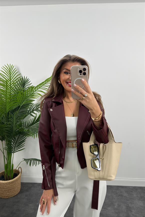 Zra Model Vegan Deri Biker Ceket Bordo