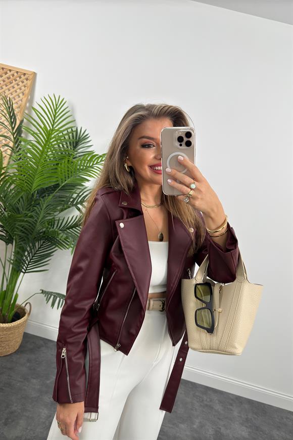Zra Model Vegan Deri Biker Ceket Bordo