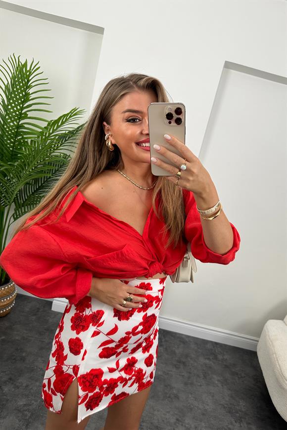 Zra Model Yırtmaçlı Mini Kalem Etek Kırmızı Beyaz Desenli