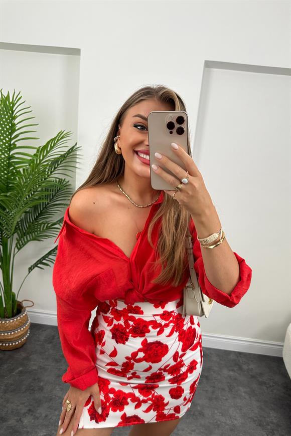 Zra Model Yırtmaçlı Mini Kalem Etek Kırmızı Beyaz Desenli