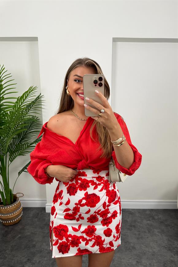 Zra Model Yırtmaçlı Mini Kalem Etek Kırmızı Beyaz Desenli