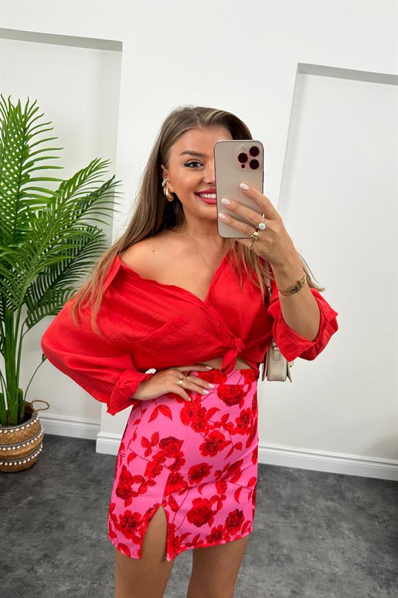 Zra Model Yırtmaçlı Mini Kalem Etek Pembe Kırmızı Desenli